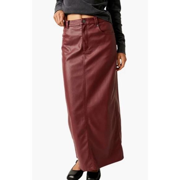 NWT‎ Free People City Slicker Faux Vegan Leather Maxi Skirt in Red Jasper - Picture 2 of 8